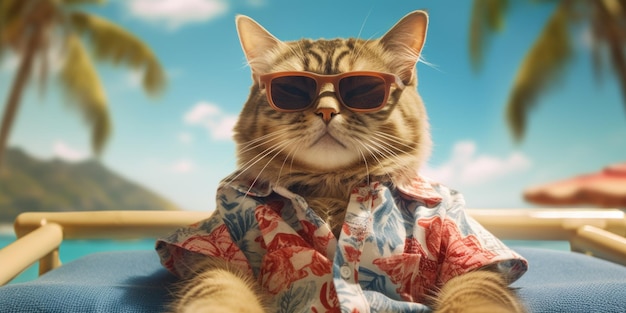 Cute Cat with Sunglasses Reaxing on Tropical Beach Blue Sky Background Generative AI