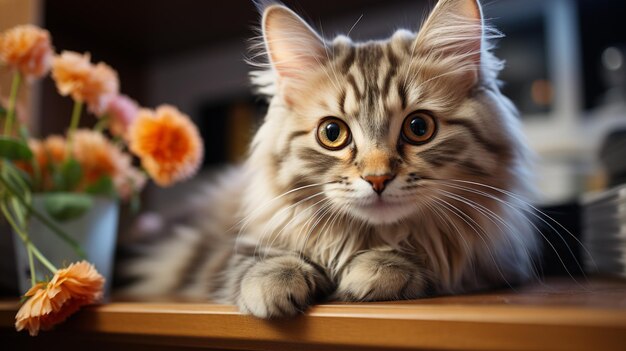милый кот на деревянном фоне