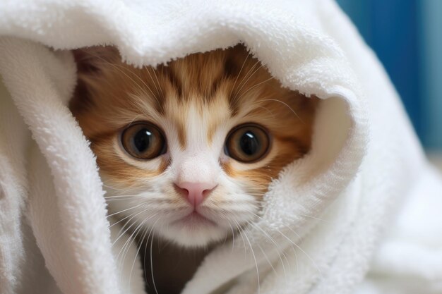 Cute cat wrapped in a bath towel