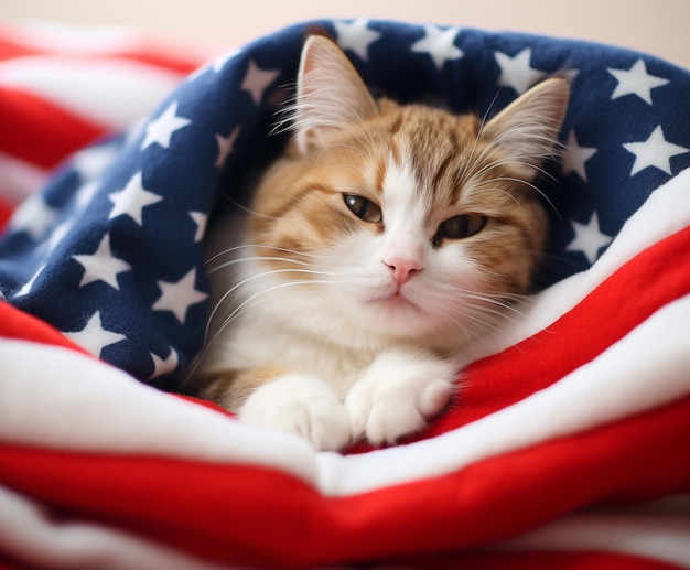 A cute cat wrapped in the USA flag