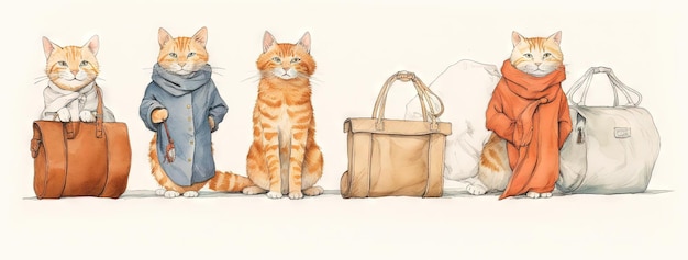 Cute cats family travelling with luggage Watercolor styled kittens with suitcases Generated AI