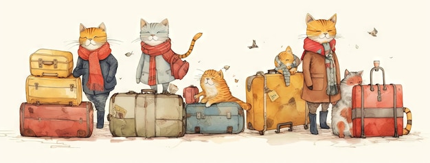 Семья милых кошек путешествует с багажом Котята в акварельном стиле с чемоданами Сгенерировано AI