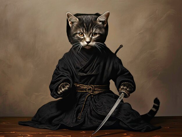 Cute cats kitten wearing ninja and samurai clothes