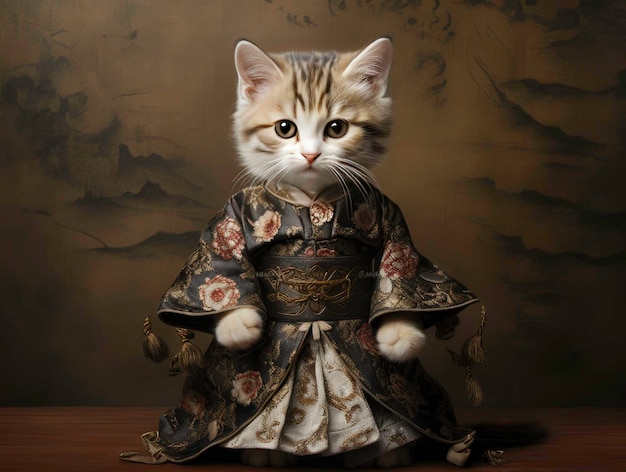 Cute cats kitten wearing ninja and samurai clothes