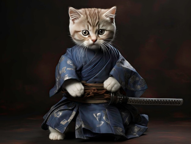 Cute cats kitten wearing ninja and samurai clothes