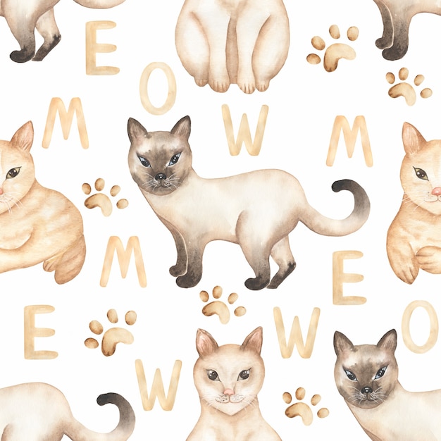 Photo cute cats seamless pattern, watercolor domestic animal digital paper, kitten repeat pattern for fabric, printing design, pet print, scrapbook