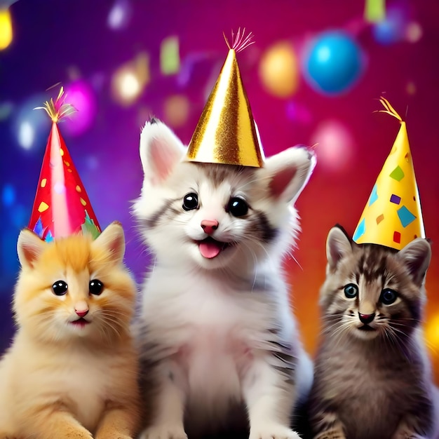 Cute cats wearing party hats with celebrating the arrival of the New Year AI Generate image