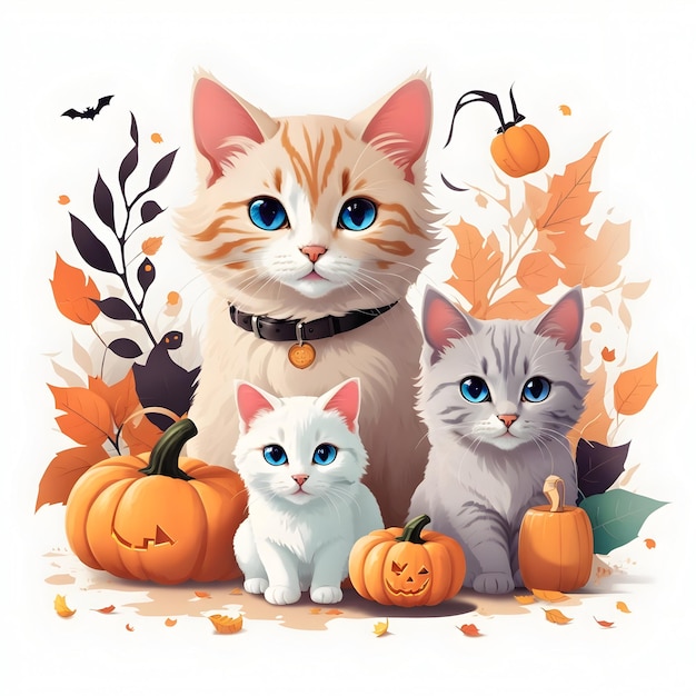 Симпатичные коты с тыквами на Хэллоуин для дизайна футболок