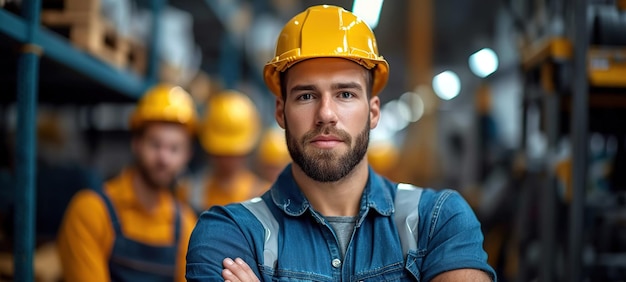 Cute Caucasian bearded construction worker with safety helmet on head