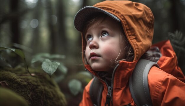 Foto un carino ragazzo caucasico che esplora la foresta in autunno generato dall'intelligenza artificiale