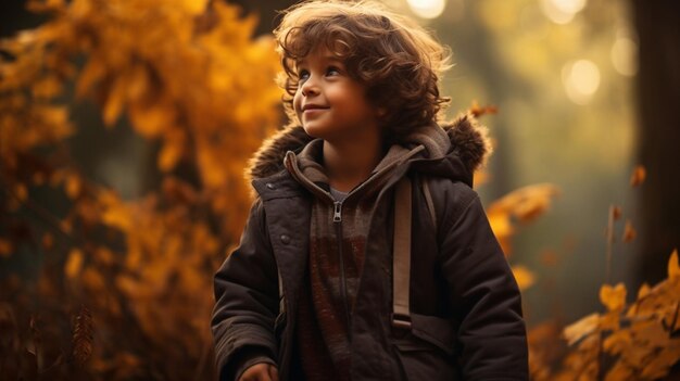 Foto un carino ragazzo caucasico che esplora la foresta in autunno