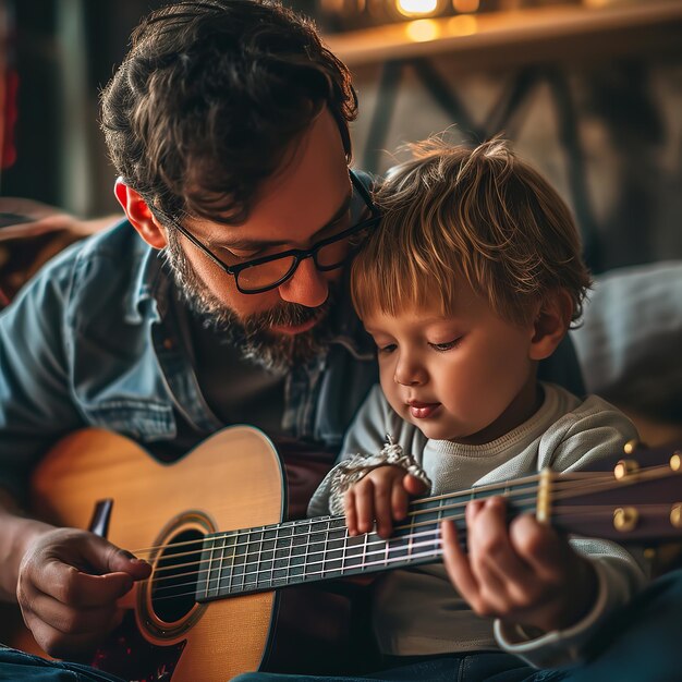 Photo cute caucasian boy is learning how to play the guitar ai generative