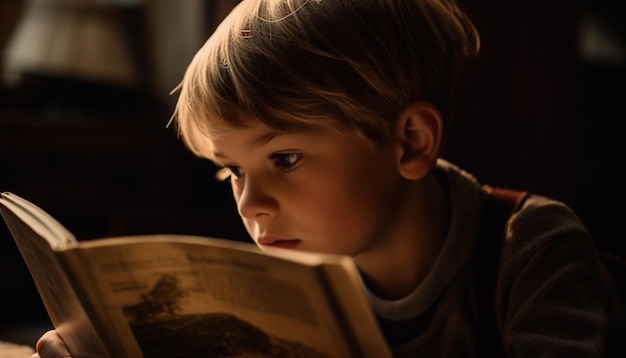 Photo a cute caucasian child reading a book learning and studying generated by ai