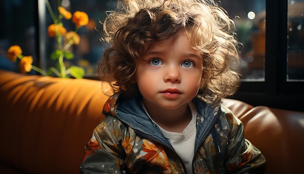 Foto carino bambino caucasico sorridente guardando la fotocamera capelli ricci allegri generati dall'intelligenza artificiale