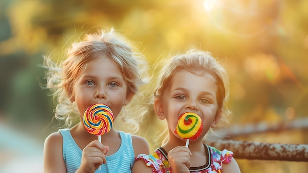 Photo cute caucasian children holding lollipop outdoors