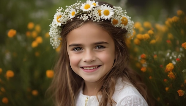 Cute Caucasian girl holds daisy wreath smiling joyfully generated by artificial intelligence