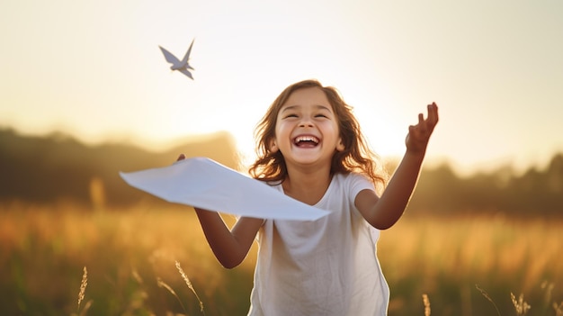 Photo cute caucasian girl playing with paper airplane smiling