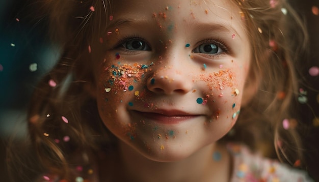 Cute Caucasian girl smiling at camera enjoying colorful birthday party generated by artificial intelligence