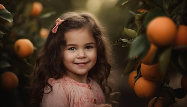 Cute Caucasian girl smiling enjoying nature beauty generated by artificial intelligence