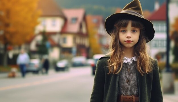 A cute Caucasian girl smiling looking at camera enjoying autumn generated by artificial intelligence