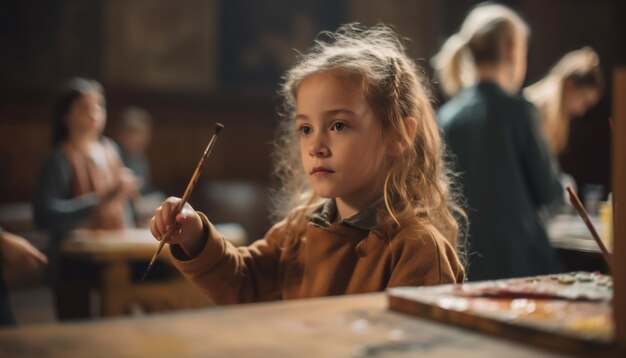 Cute Caucasian girls smiling learning art and craft in classroom generated by AI