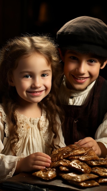 Cute Caucasian Jewish boy and girl holding in his hands and taking a bite bread