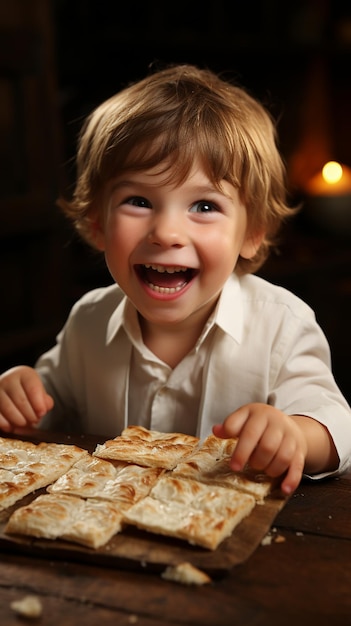 Cute Caucasian Jewish girl holding in his hands and taking a bite bread