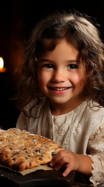 Cute Caucasian Jewish girl holding in his hands and taking a bite bread