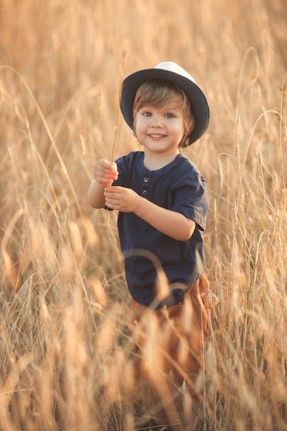 Cute caucasian little boy 3 years old on a straw hat walking in a wheat field on summer day