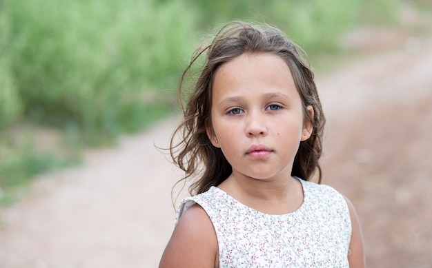 Cute caucasian little girl in dress in summer field.