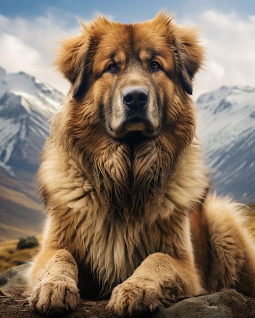 A cute Caucasian Mountain Dog Shepherd sitting on a high place with mountain backgroun