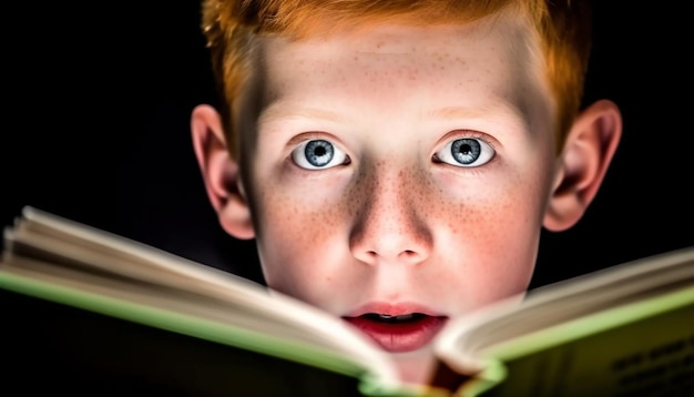 Cute Caucasian schoolboy studying literature looking up with concentration generated by AI