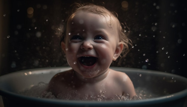 Cute caucasian toddler enjoying bubble bath in domestic bathroom generated by artificial intelligence