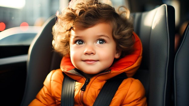 Cute Caucasian toddler sitting in car seat looking at camera