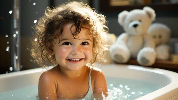 Cute Caucasian toddler smiling in bathtub enjoying clean