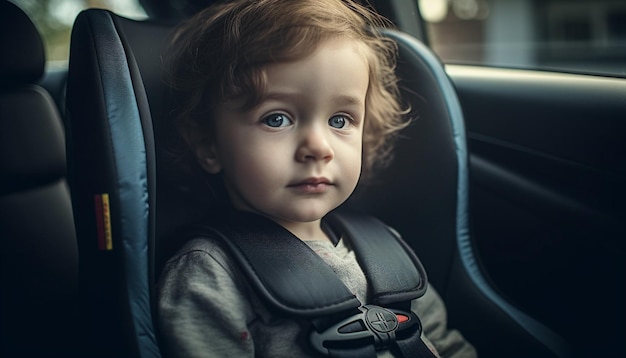 AI によって生成された車のシートで微笑むかわいい白人の幼児