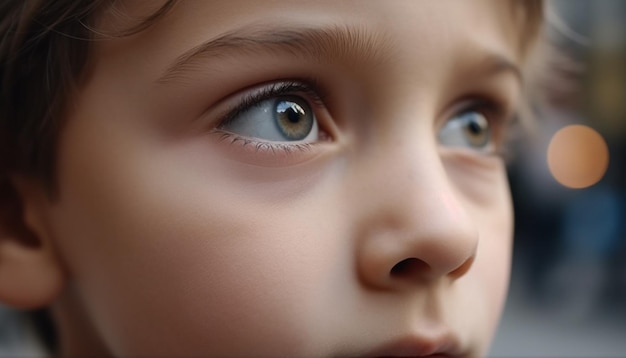 Cute Caucasian toddler staring outdoors innocence and curiosity in eyes generated by artificial intelligence