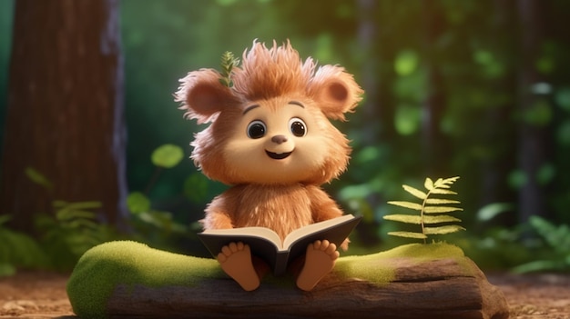 Photo cute cg woodland mythical creature reading pine leafgenerative