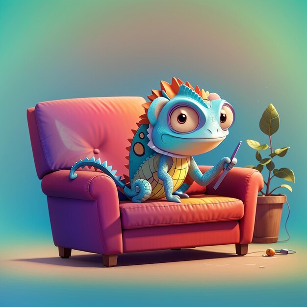 Cute chameleon chill and watching movie on sofa cartoon vector icon illustration animal technology