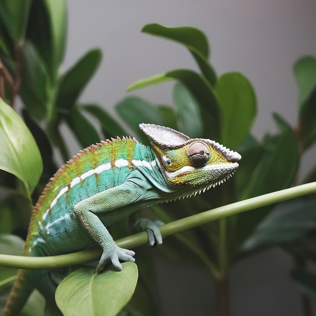 Cute chameleon on plant at home