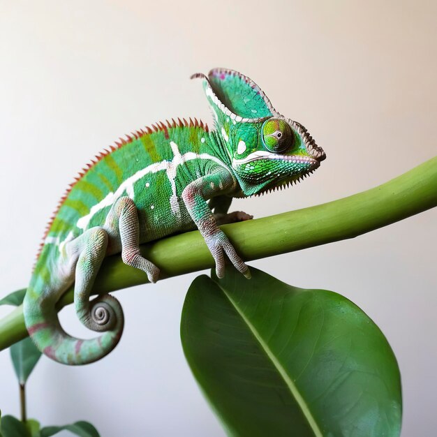 Cute chameleon on plant at home