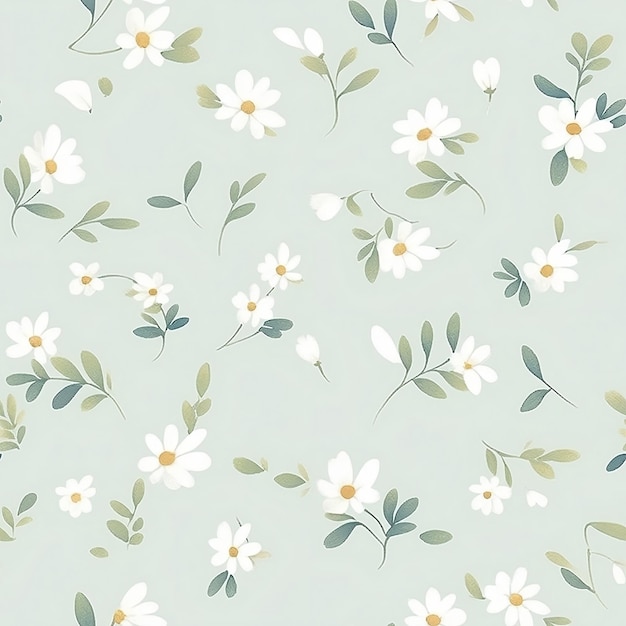 Cute chamomille flowers on a pastel green background with small leaves