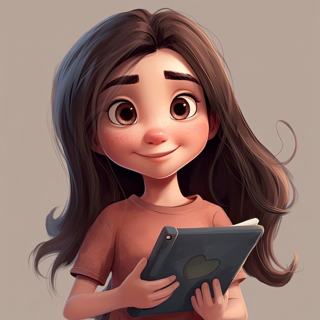 Cute character big lips rosy cheeks long dark hair holding an iPad smiling white Tshirt light colors generat ai