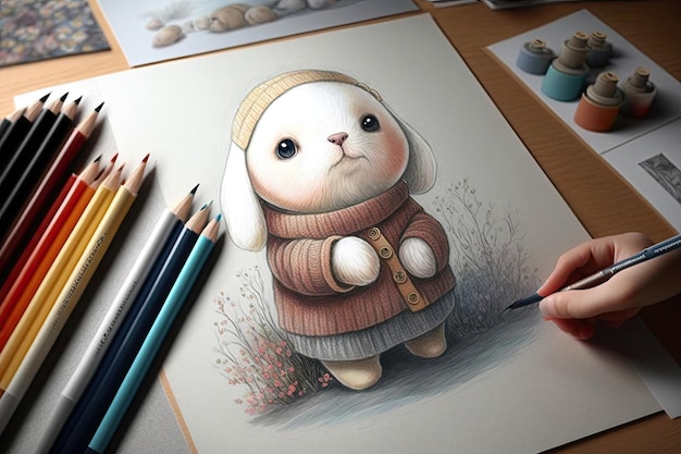 Photo cute character drawing with colored pencils bringing the artwork to life