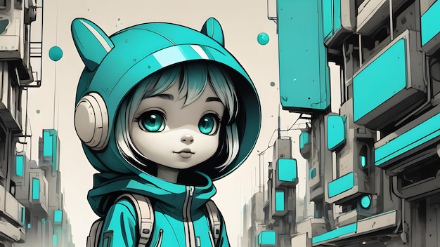 cute character teal and cream color in futuristic world in the style of Charcoal Grunge Sketch
