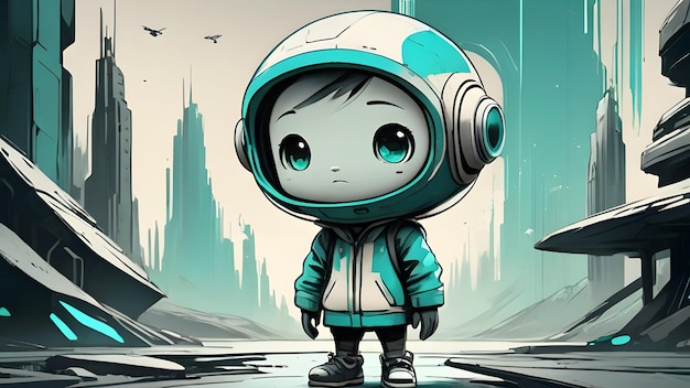 cute character teal and cream color in futuristic world in the style of Charcoal Grunge Sketch