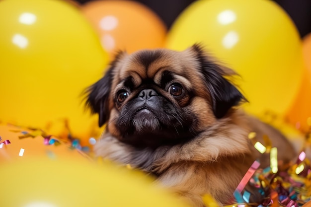 Cute cheerful brown pekingese puppy with yellow balloons on birthday party holiday and birthday concept generative ai
