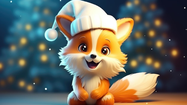 cute cheerful cartoon fox in Santa hat near the Christmas tree with garlandsBokeh in the background Bright