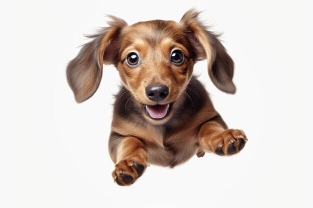 Cute and cheerful dog in flight on a white background Playful dachshund