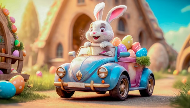 Photo a cute and cheerful easter bunny is carrying easter eggs and sweets in a car